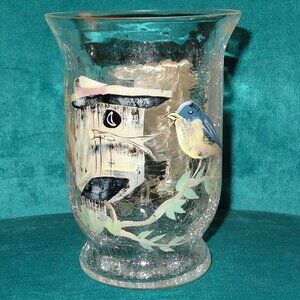 Fifth Ave. Crystal l.t.d crackle glass tealight or vase bluebirds handpainted